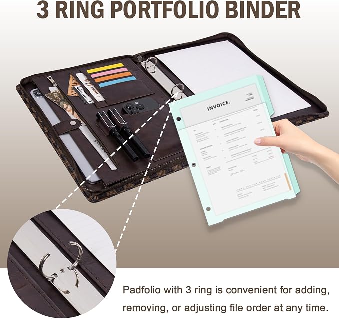 Calfinder Personalized Portfolio Binder for Women&Men, Free Name Engrave,Customized Leather Padfolio with Logo or Name,3 Ring Zippered Padfolio with Pad 13" Holder for Interview（Brown-Grid） - Image 6