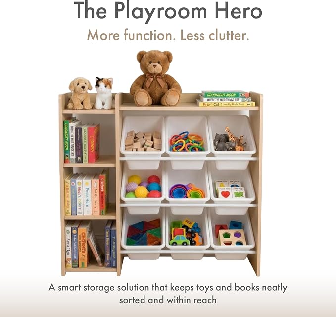 Humble Crew Kids Toy Storage Organizer with Bookshelf, 9 Bins, Solid Wood | Built in side bookshelf, removable bins, solid hardwood, compact 35 in wide, toddler friendly, for playrooms and nurseries - Image 5
