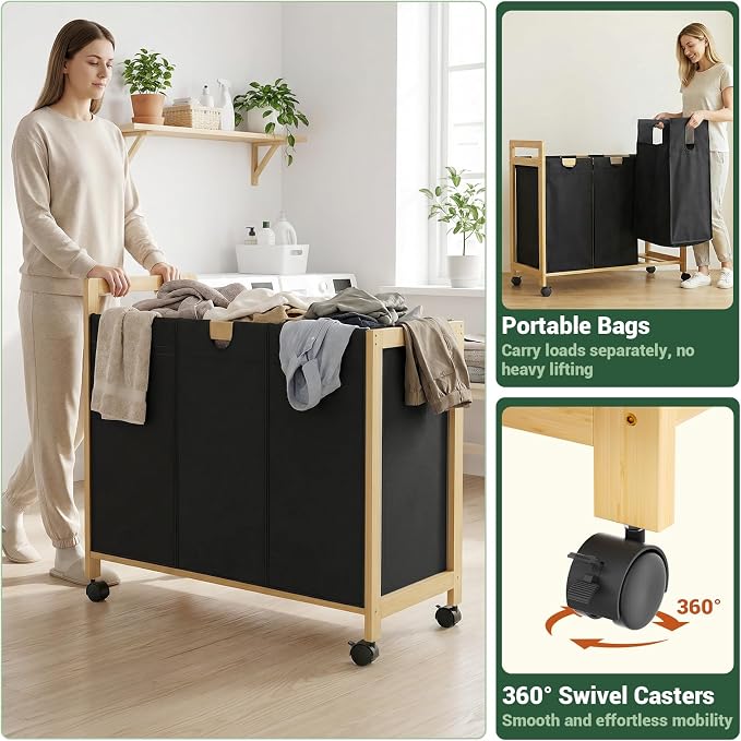 250L Laundry Sorter Cart with Wheels, 3-Section Rolling Laundry Basket with Removable Bags, 66 Gal Large Laundry Hamper Organizer, Heavy Duty Bamboo Frame, Water-Resistant, Black - Image 5