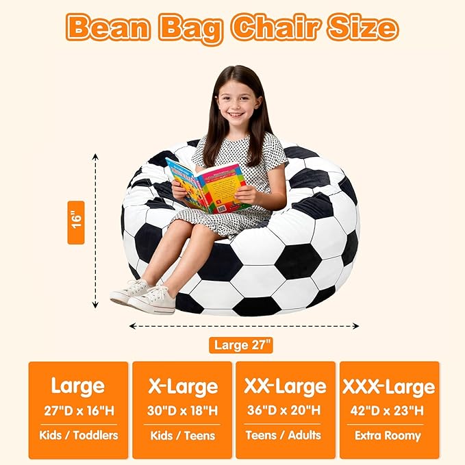 Lukeight Soccer Bean Bag Chair for Kids and Teens, Memory Foam Filled Floor Lounger, Washable Velvet Cover with Inner Liner, Beanbag Chair with Filling for Gaming and Reading, Large 27" D x 16" H - Image 2