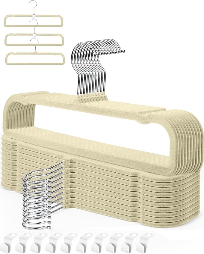 Beige Velvet Hangers Non-Slip 20 Pack Felt Hangers for Pants Trouser Hanger | 360° Swivel Silver Hook, Thin Space Saving Clothes Hanger for Jeans Slacks, Slim Perchas Terciopelo, Perchas para Pantalones by HGYZE