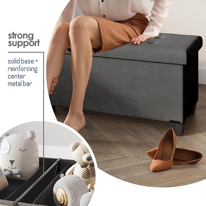 Storage Ottoman Bench with Bins, 43-in Storage Bench for Bedroom End of Bed, Folding Foot Rest Ottoman for Living Room Max 660lbs, Velvet Ottomans, Grey - Image 5