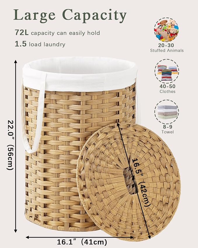 SETVSON Laundry Hamper with Lid Laundry Basket with Lid 72L, Natural | 19 Gal Round PE Rattan Hamper with Lid, Removable Washable Liner Bag, 2 Mesh Wash Bags, Steel Frame, Handles - Image 4