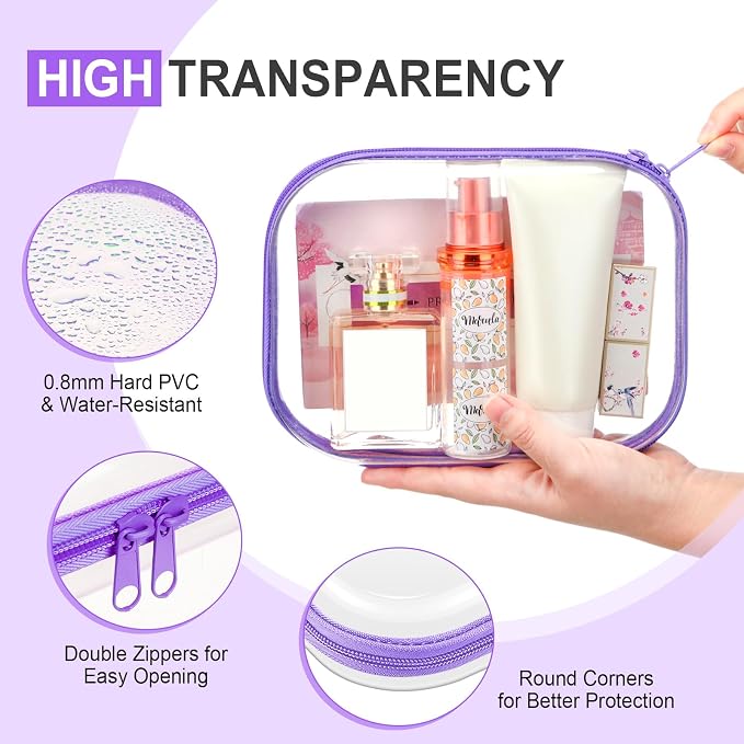 Sanwuta 6 Clear Hard Zipper Case,Purple,7.87 X 5.9 X 2 Inch | Pencil Case Pouches ,Makeup Bag,Plastic Toiletry Diaper Bag ,Travel Toy Storage,Waterproof Organizer Bins - Image 3