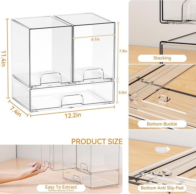 3 Set Clear Baby Bottle Organizer for Countertop,BPA FREE Bottle Station Organizer for Breast Pump Parts,Pacifier and Baby Accessories,Stackable Drawers for Bathroom,Cabinet,Pantry Organization - Image 3