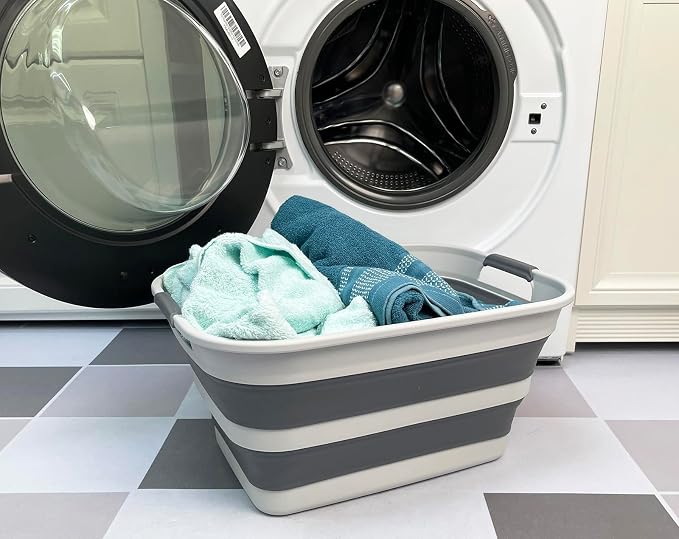 SMMART Collapsible Plastic Laundry Basket with Handle/Foldable Pop Up Storage Hamper/Portable Laundry Organizer-Space Saving Washing Tub/Household Storage Supplies (Grey/Steel Grey, 27L) by SAMMART