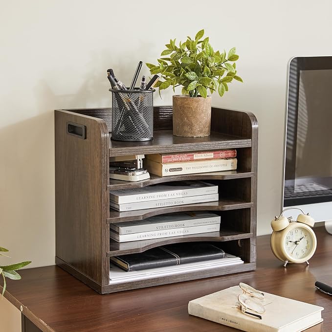 YMYNY Desktop File Organizer with Handle, Document Letter Mail Tray Sorter with 3 Adjustable Shelves, 5 Tiers Paper Holder for Home Office Desk, Black Gray,13.4 * 12.4 * 9.06" UHBC006G - Image 8