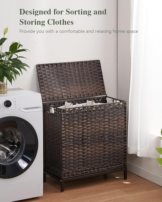 SETVSON Laundry Hamper with Lid, 35 Gal 3-Bag Clothes Sorter, Brown | Large Family Laundry Trunk with Lid, 3 Compartment Sorting Liner, 6 Wash Bags, Elevated PE Rattan Bin with Handles - Image 6