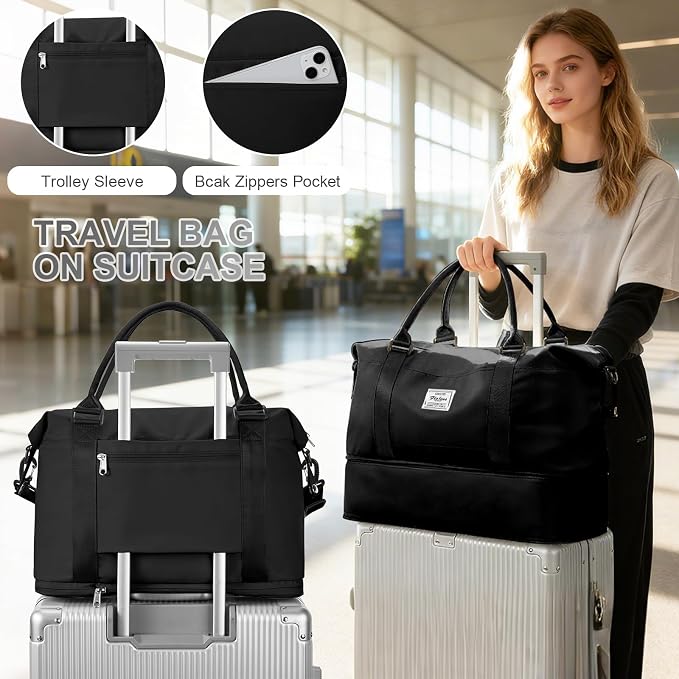 Travel Duffel Weekender Bag Women Tote Carry On Bags With Shoe Compartment | 18x14x8 inches Travel Overnight Bags with Trolley Sleeve for Airplanes Sport Tote Gym for Men Lightweight Daypack Black... - Image 3