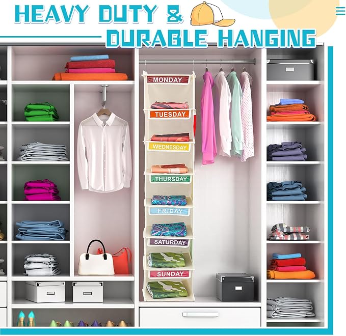 2 Pcs 7 Shelf Weekly Clothes Organizer for Kids Hanging Closet Organizer 11. 8 x 11. 8 x 50 Inches Daily Activity Kids Clothes Storage Drawers Cube Drawers Closet Hanging Shelves(Beige) - Image 4