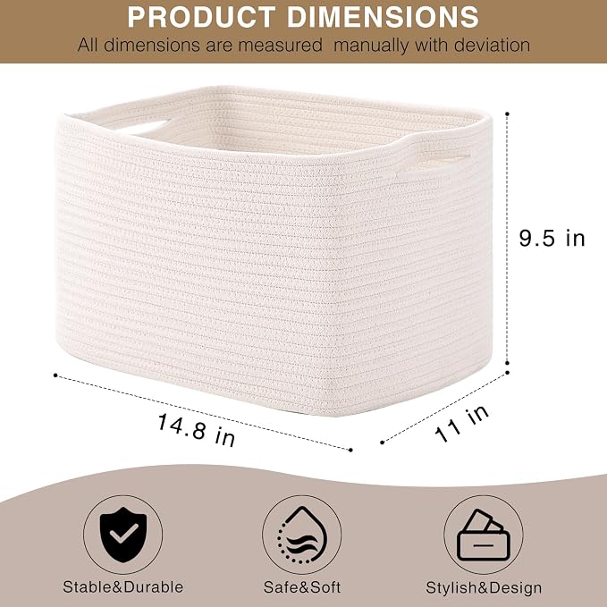White Storage Baskets for Organizing Shelves, Woven Cotton Rope Basket for Storage, Basket for Toys Clothes Books Shoes, Organization Baskets, 14.8"×11"×9.5", Pack of 3, Off White - Image 2