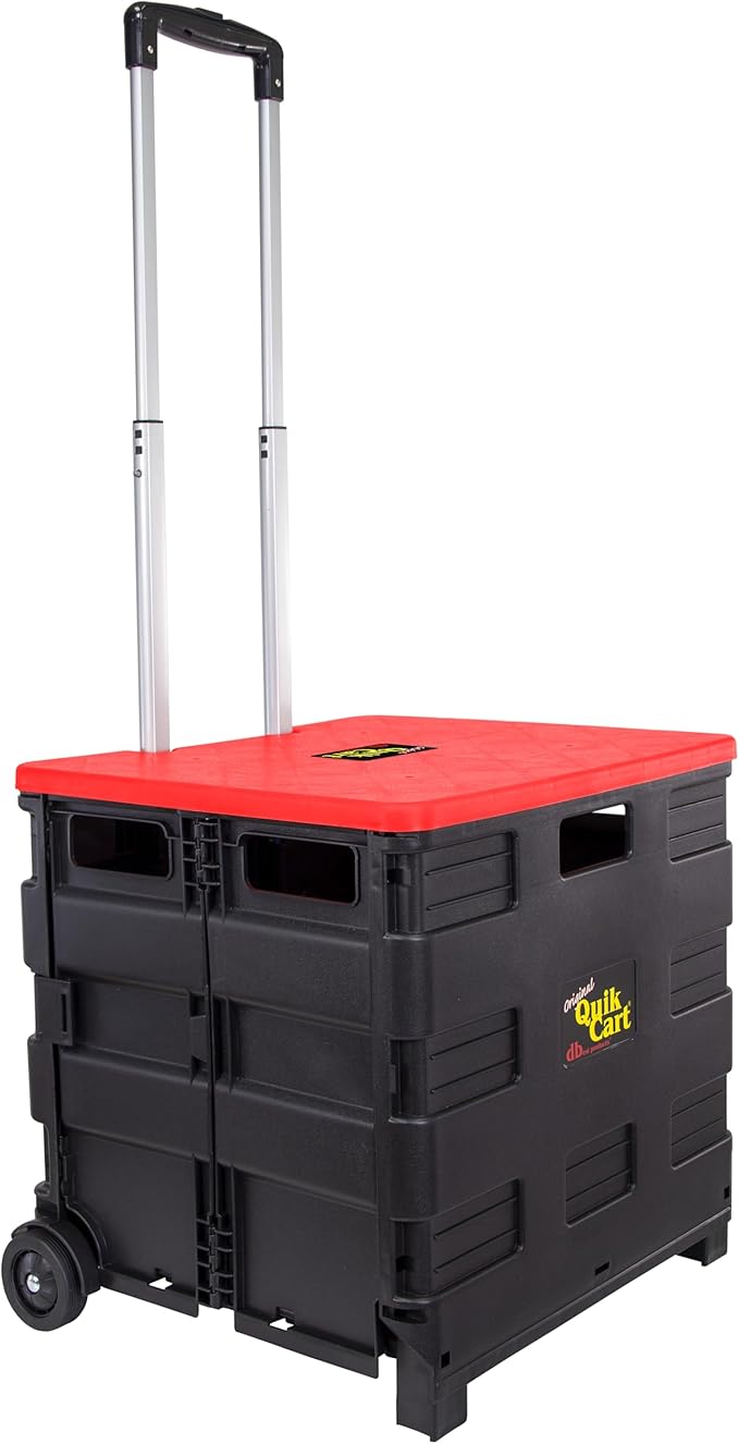 dbest Products Quik Cart Standard Collapsible Rolling Crate - Red Lid | with Wheels, Roll Up to 80 lbs Capacity, Heavy Duty Plastic Construction, Telescoping Handle, Foldable Utility Cart by dbestproductsInc