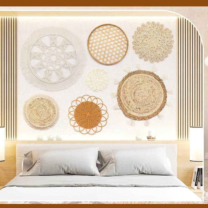 iChuan Boho Wall Hanging Basket Decor Set – 10-Piece Macrame and Woven Wall Art, Handmade Tapestry Wall Decor Seagrass Ornaments Round Tassels for Living Room, Bedroom, Nursery - Image 5