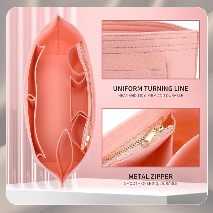 Purse Organizer Insert for Handbags & Base Shaper 2pc Set, Felt Neverfull MM Organizer Insert, Tote Bag Organizer with Zipper Pocket and Bottle Holder, Fit Speedy 30 Neverfull MM and More,Pink-L - Image 7