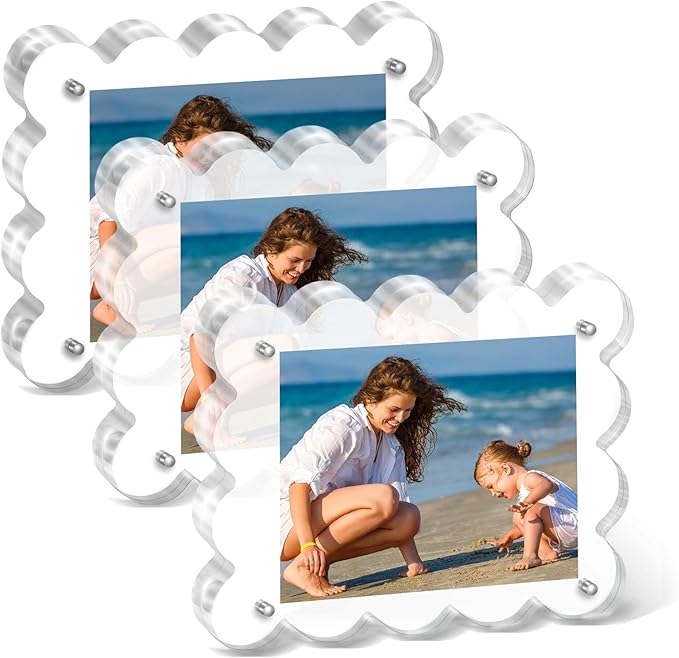 Chivalral 2x3 Magnetic Acrylic Frames 3 Pack,Scalloped Desktop Holders | mini picture frames 10+10mmThick,dual-side display ideal holiday gifts for Christmas,Thanksgiving,Valentine’s Day and Easter by Chivalral