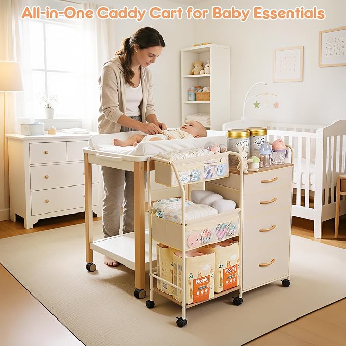 Baby Diaper Caddy Organizer Cart - 4 Tier Rolling Diaper Cart with Wheels, Baby Essentials Organizers and Storage, Mobile Utility Carts for Bedside, Bedroom, Crib Nursury, Changing Table - Image 2