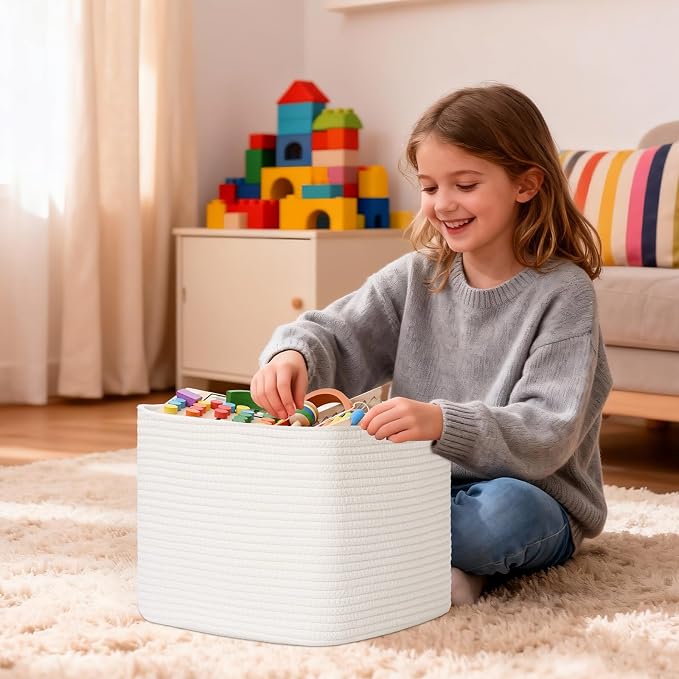 3 Pack Cube Storage Bin, 12”x12”x10” Cotton Rope Woven Baskets for Organizing Toys Clothes Towels, Square Gift Storage Baskets for Shelves, Nursery, Closet, Bathroom, Pantry (White) - Image 5