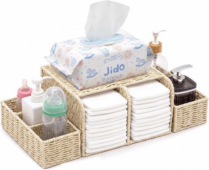 Large Wicker Diaper Caddy Organizer, Detachable Modular Changing Table Organizer for Nursery, Woven Diaper Storage Dispenser Basket for Nursery Diapering Baby Essentials Gift(White,Paper) by Unknown