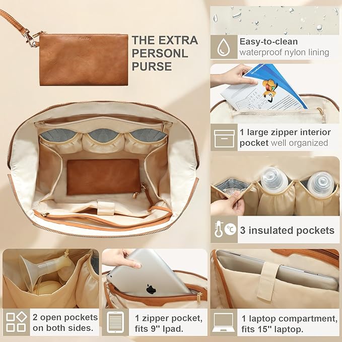 miss fong Leather Diaper Bag Tote Baby Tote Bag Large Mommy Bag Travel Bag | Waterproof Leather Hospital Bag with Small Purse 9 Pockets 3 Insulated Pockets Crossbody Bag Luggage Sleeve & Shoulder Strap - Image 5