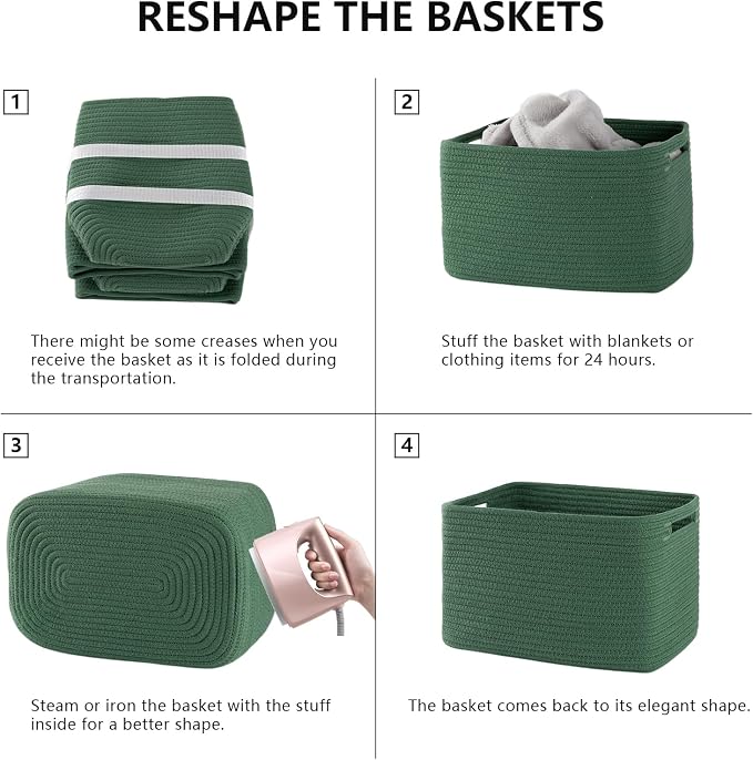 4 Pack Storage Baskets for Organizing, Woven Baskets for Shelves - Perfect for Toys, Books, Towels, and Clothes, Durable Gift Basket Bins Toy Storage, 12.7''L x9''W x7.8''H, Green - Image 6