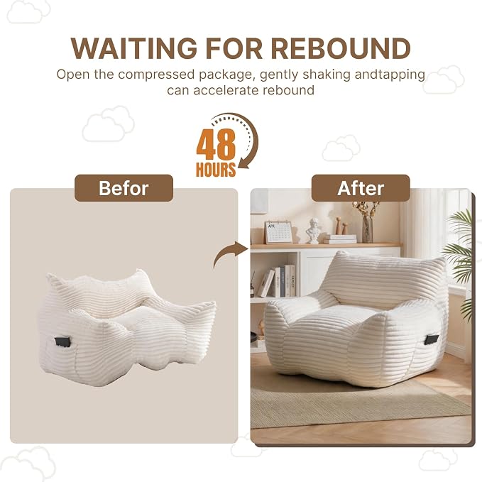 Bean Bag Chair for Adults & Kids, Giant Bean Bag Sofa with Side Pocket, Corduroy Beanbag Chair with Armrests, Comfy Stuffed Floor Sofa for Living Room Bedroom Dorm, White - Image 8