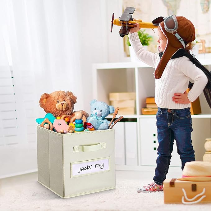 13x13x13 storage cube bins(Set of 8) Fabric storage cubes with 8 Labels Window Cards & a Pen, storage cubes 13x13, Collapsible 13 inch cube storage bins, Cubby Boxes, Beige - Image 6