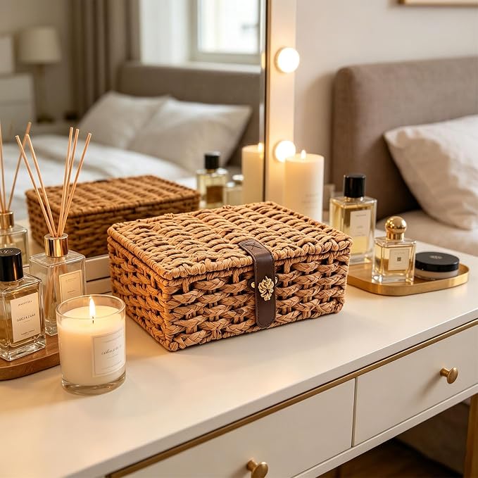 Set of 2 Water Hyacinth Wicker Storage Baskets with Lid | Rectangular woven decorative bins for shelf desktop home organization decor - Image 8