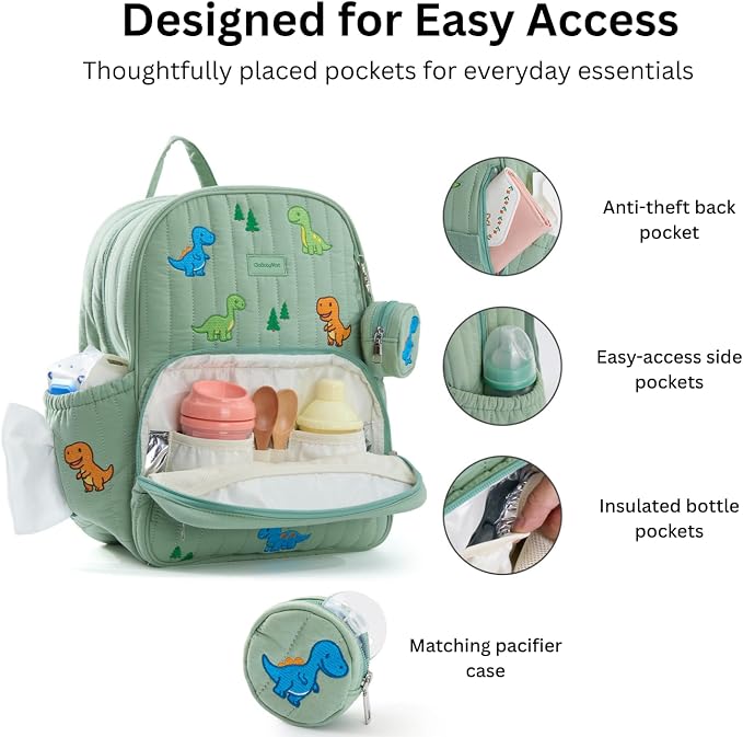 Large Diaper Bag Backpack with Changing Pad, Insulated Bottle Pockets, Travel & Hospital Bag for Mom & Dad (Large - Green Dinosaurs) - Image 2