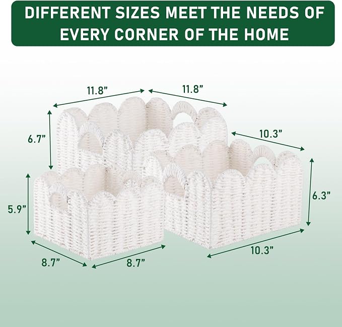OIAHOMY Scalloped Wicker Baskets, Hand-woven Storage Baskets with Built-in Handles, Paper Rope Shelf Baskets for Organizing and Decoration, Set of 3-White - Image 3