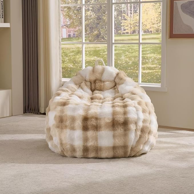 Fluffy Faux Rabbit Fur Bean Bag Chair Cover(No Filler),Cozy Shaggy Bubble Stuffed Animal Storage Large Bean Bag Cover for Bedroom Living Room,Fuzzy Bean Bag Cover Girls Teens Adult,Cream and Came by Animebody