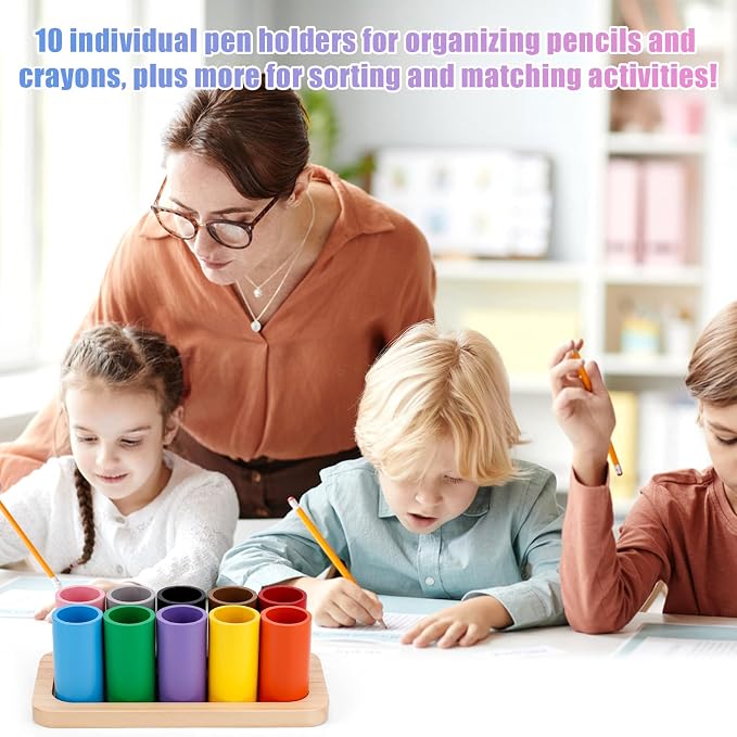 Wooden Colored Pencil Holder, Crayon Storage Organizer | with 10 Movable Compartments Pen Cups Holder for Kids Desk Office Home School Supply - Image 5