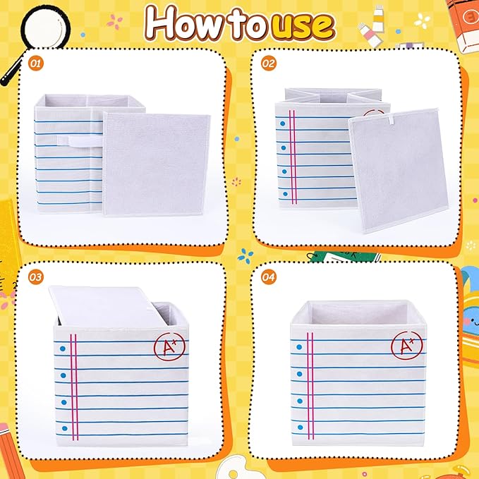6 Pcs 11in Fabric Storage Bins, Collapsible Cubby Baskets with Handles | Collapsible & flat‑fold, Side handles for easy tote, Colorful school prints, Classrooms, homes, daycares all work - Image 4