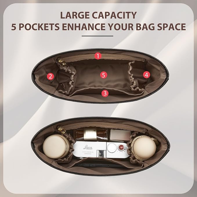 Brooklyn 28 Bag Insert, Purse Organizer Insert for Coach, Black Maple | Waterproof Dupontpaper For Coach Brooklyn Shoulder Bag 28, Lightweight, 5 Compartments Zipper Pocket, Elastic Holders - Image 3