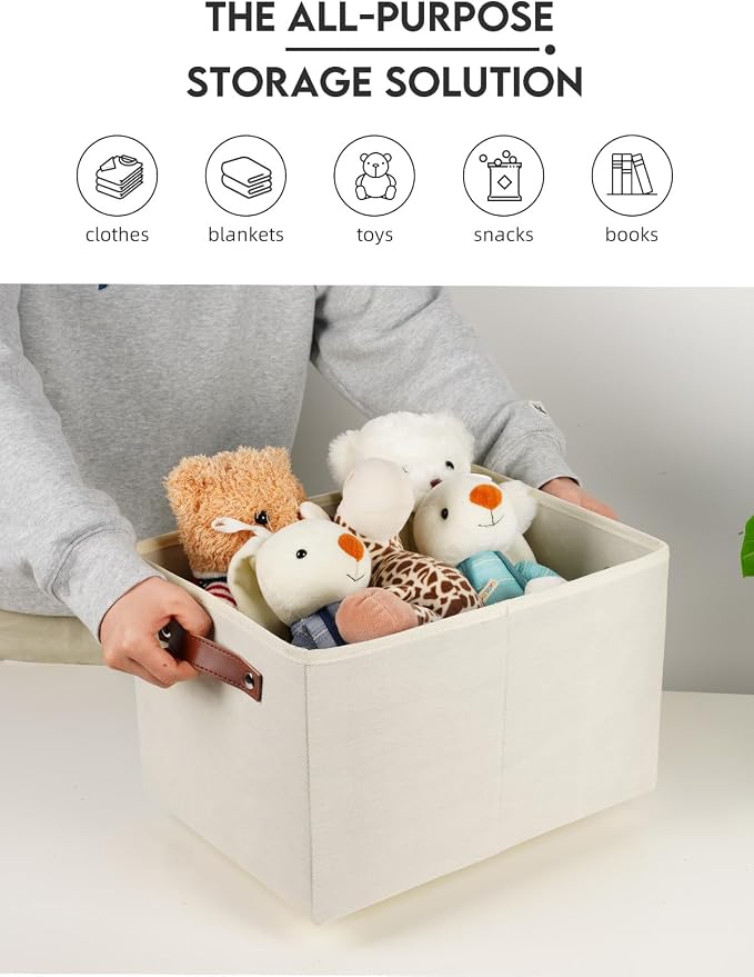 [6-Pack] Fabric Storage Bins Reinforced 2.5mm Cardboard Shelf Bins with PU Leather Handles (15x11x9.5 ) Durable Storage Baskets for Closet Organization, Toy Organizer, & Home Office Beige - Image 7