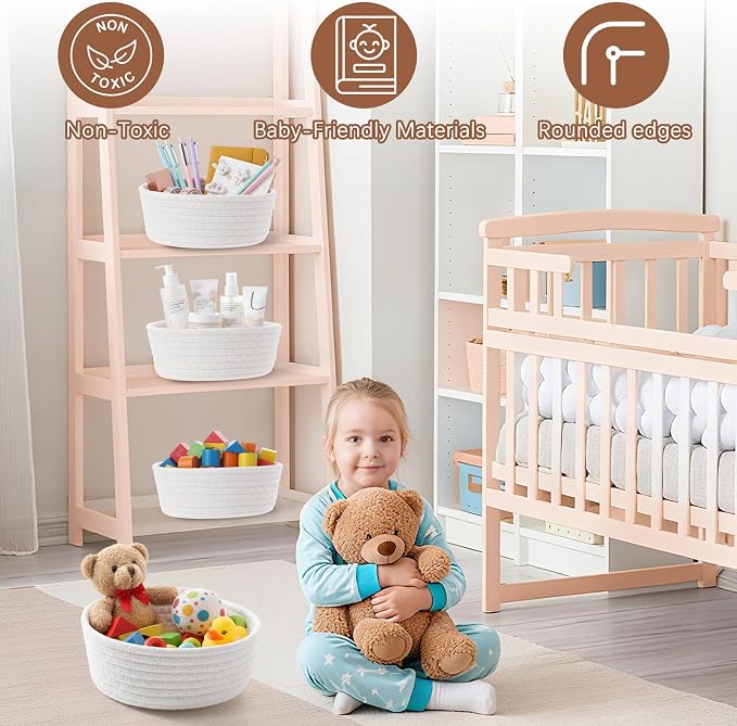 12 Pack Small Storage Basket Cute Natural Cotton Rope Woven Basket Tiny Boho Decorative Toy Storage Bin Gift Baskets for Home Organizing, Closet, Shelf, Nursery, Bathroom(Round,Beige) - Image 5