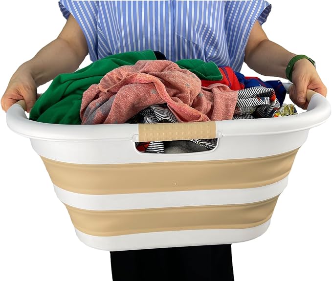 SAMMART 40L (10.5 gallon) Set of 2 Collapsible Plastic Laundry Hamper - Foldable Pop Up Storage Container/Organizer - Portable Washing Tub - Space Saving Basket (2, White/Beige) - Image 7