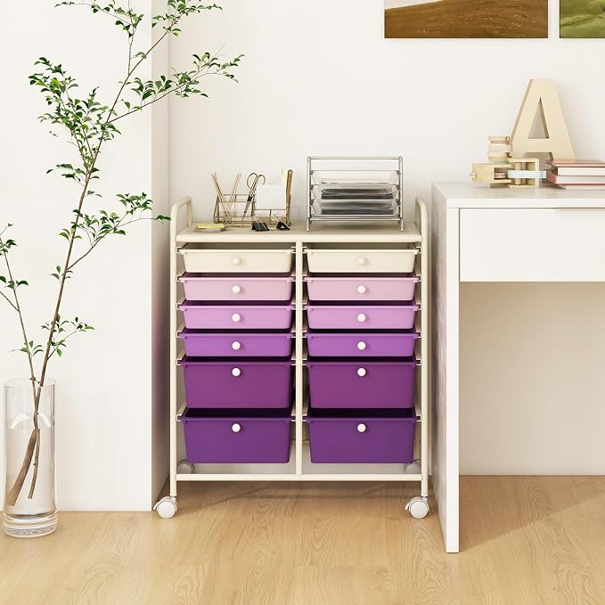 Moccha 12-Drawer Rolling Storage Cart - Utility Cart on Wheels with Lockable Casters for Craft Art Supply Paper Salon, Mobile Drawer Carts for Classroom Teacher School Office (Gradient Purple) - Image 2