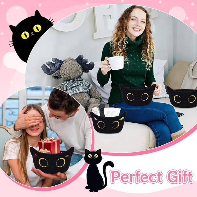 3 Pack Small Black Cat Storage Baskets for Organizing,Woven Mini Basket | Decorative Gift Basket,Nursery Shelves Rope Cotton Storage Bins for Gifts Empty, Mini Burr Baby Shower with Handles,7 IN - Image 6