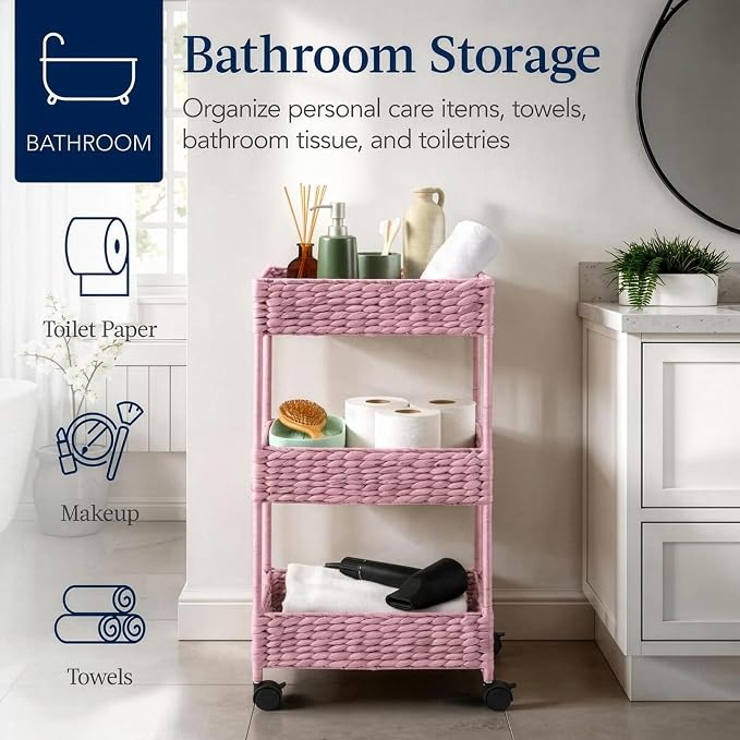 Best Choice Products 3-Tier Water Hyacinth Rolling Nursery Caddy w/Wheels, Utility Cart, Storage Organization for Bathroom, Craft Room, Laundry Room - Pink - Image 5