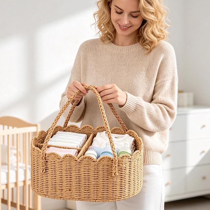 Sanwarm Diaper Caddy Organizer Rattan Divided Storage Basket Rattan | Portable Car Organizer for Diapers, Baby Shower Gifts, Newborn Essentials Must Haves - Image 4