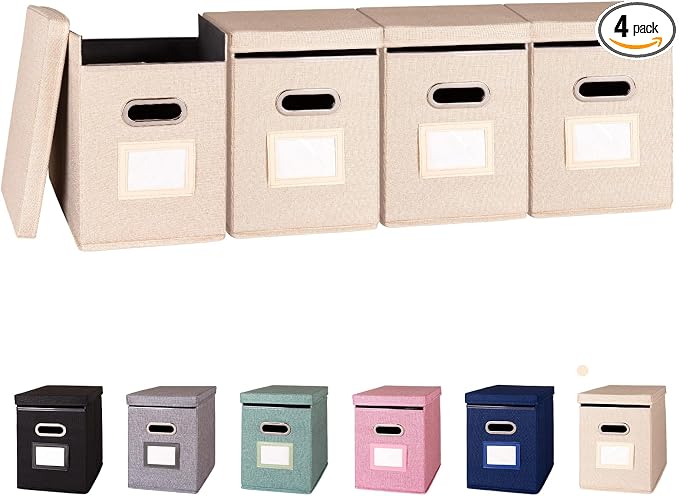 4 Pack Hanging File Folders Organizer with Lid, Letter Size Fabric File Storage Box Collapsible, Portable Office Document Holder with Metal Handle, Smooth PVC Rails, Beige by ComfortKeeper