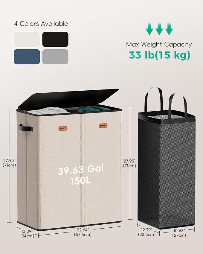 150L 2-Section Laundry Hamper with Lid – Removable Bag, Double Compartment Clothes Hamper for Bathroom, Bedroom, Dorm & Laundry Room - Image 3