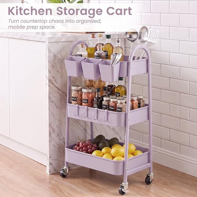 danpinera 3-Tier Rolling Cart, Utility Cart Mobile Metal Rolling Storage Cart with Lockable Wheels & Hanging Cups & Hooks for Kitchen, Bathroom, Office, Workshop, Purple - Image 7