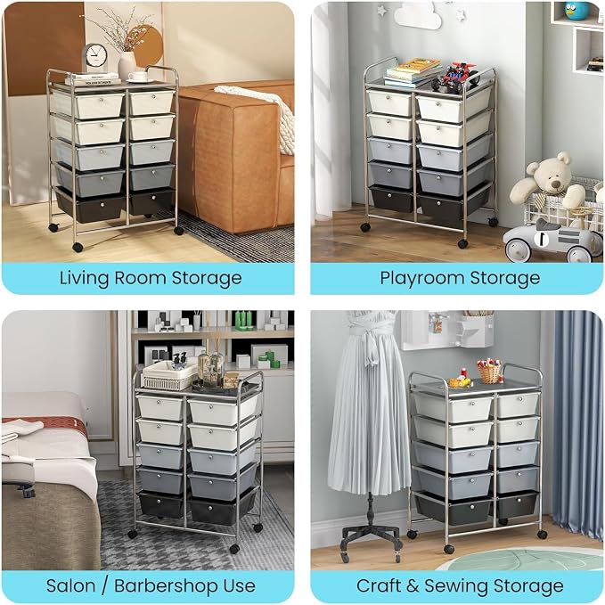 10 Drawer Rolling Cart, Storage Cart Organizer on Wheels, Drawer Cart with Metal Frame & Large Storage Capacity, Rolling Cart with Drawers for Living Room Classroom, Office - Image 8