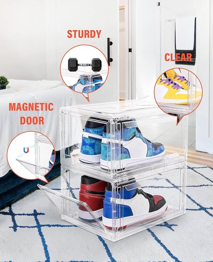 Clear Shoe Boxes Stackable 10 Pack Shoe Storage for Sneakerheads, Front Opening Shoe Organizer, Magnetic Door, Strong and Sturdy Fit for Large Size Shoes 14.96 x 10.24 x 7.87 inches - Image 3