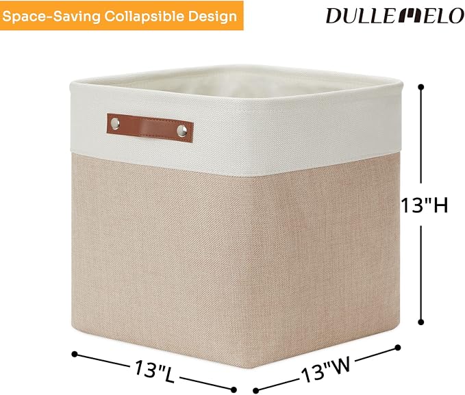 DULLEMELO Fabric Storage Cubes,13 inch Cube Stroage Bins for Empty Gift Basket,Toy Nursery Storage Linen Closet Organizers and Storage Baskets Shelves Bins(White&Khaki) - Image 2