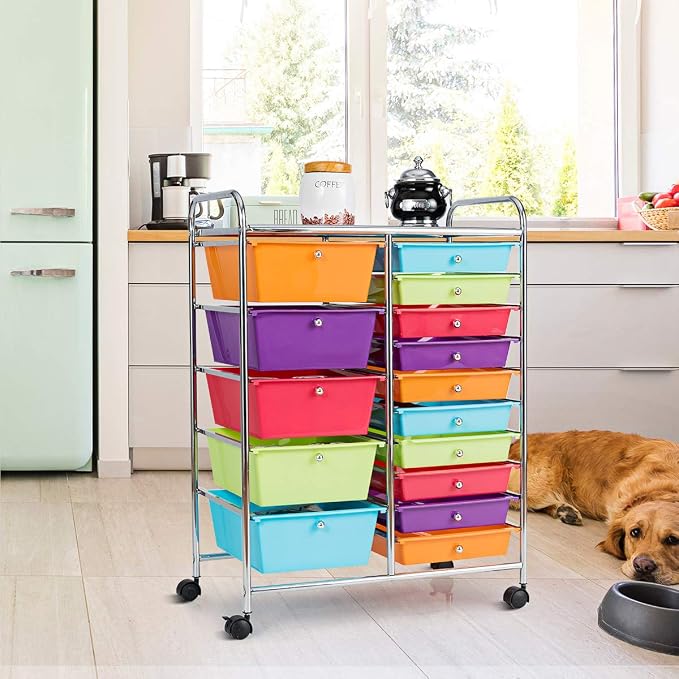 RELAX4LIFE 15 Drawer Rolling Storage Cart, Mobile Drawer Carts for Craft Art Supply Paper Salon, Utility Cart on Wheels for Classroom Teacher School Office, Rolling Cart with Drawers (Multi-Color) - Image 8