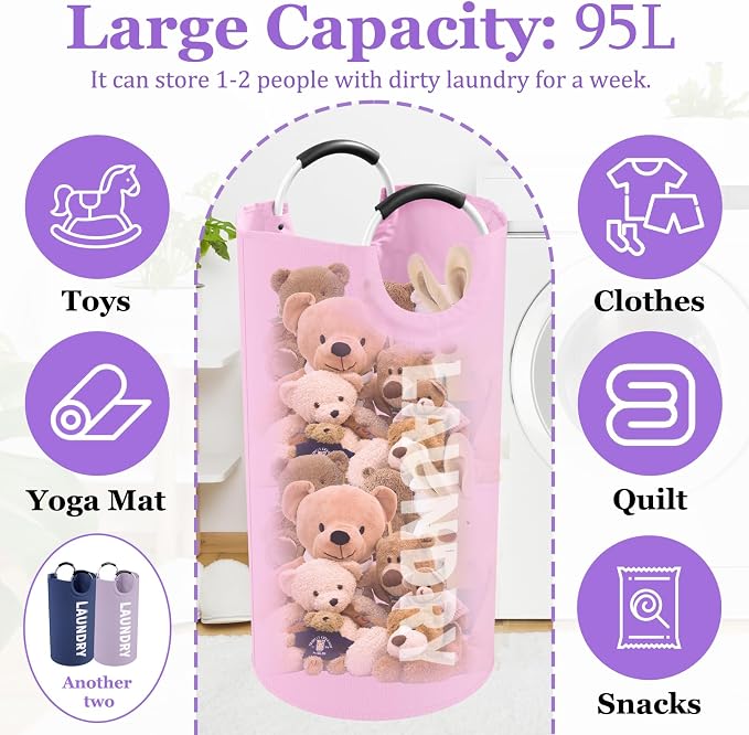 3Pack 95L Collapsible Laundry Basket, Padded Handle Hampers for Laundry | IHOMAGIC Freestanding Dirty Clothes Hamper, Water-resistant Storage Bin, Laundry Bag for Bedroom, Dorm, Purple+Navy Blue+Pink - Image 3