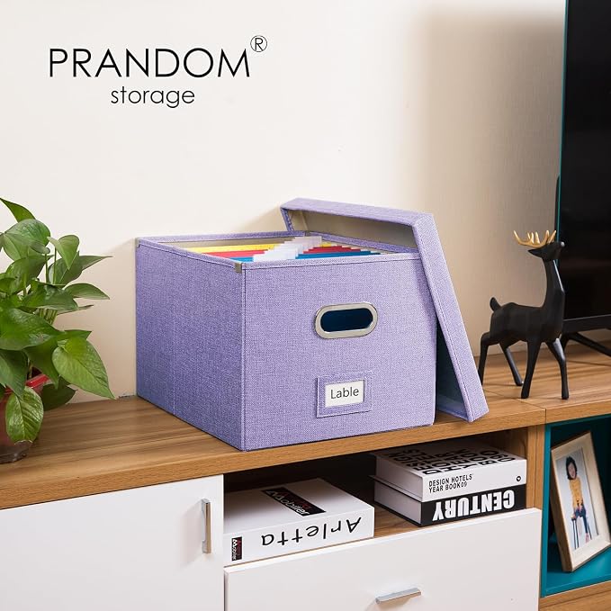 File Organizer Box - Set of 1 Collapsible Decorative Linen Filing Storage Hanging File Folders with Lids Office Cabinet Letter/Legal Purple (17x14x11.2 inch) - Image 2