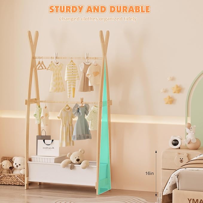 NACHES Tall Kids Clothing Rack with Double Hanging Rods Wooden Garment Rack for Toddler Baby Wardrobe Closet Compact Dress Up Storage Organizer for Girl Costume Princess Coat Bedroom Playroom Nursery - Image 5